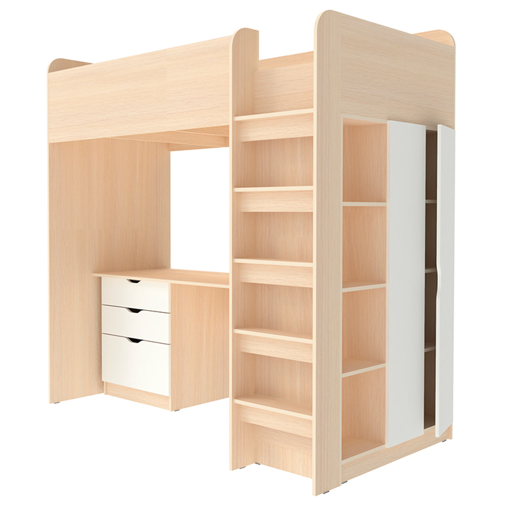 Кровать-чердак КарИВи Polini Simple с письменным столом и Шкаф КарИВиом  Дуб Молочный Белый