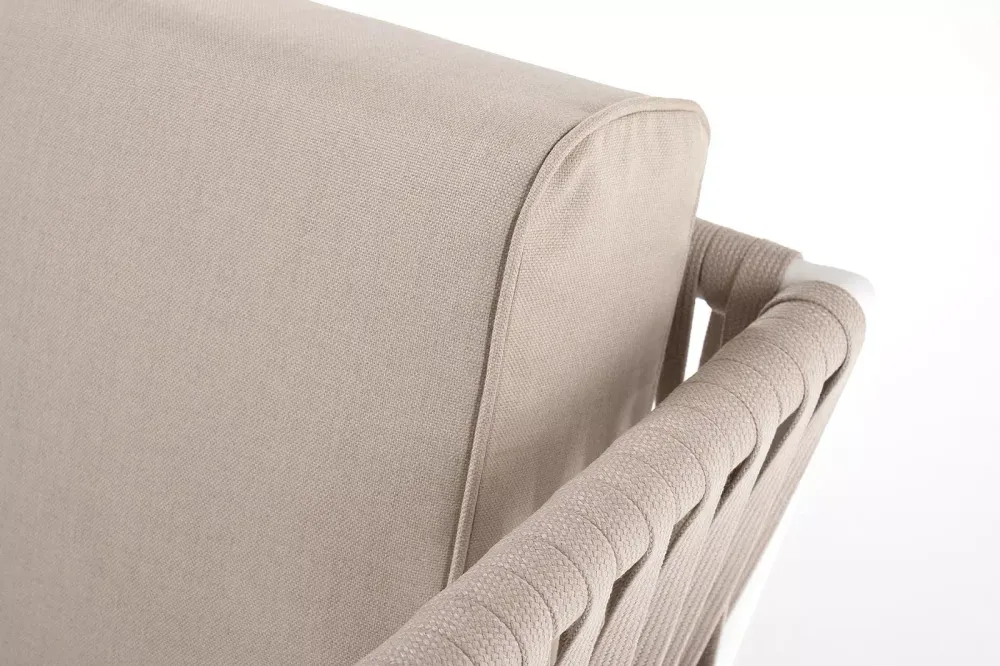 "Касабланка" диван 2-местный плетеный из роупа, каркас алюминий белый муар, роуп бежевый 20мм, ткань бежевая 035