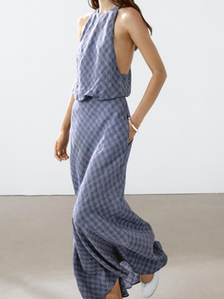 Massimo Dutti Длинное платье в клетку с декоративной отделкой сзади, чернильно-синий