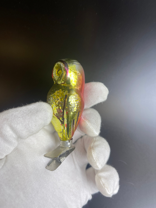 Ёлочная игрушка Филин, сова на прищепке, 8.5 см, стекло, винтаж, СССР 1950-1980 гг