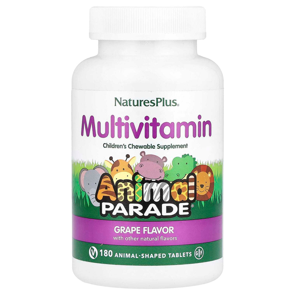 NaturesPlus, Animal Parade®, жевательные мультивитамины для детей, со вкусом винограда, 180 таблеток в форме животных