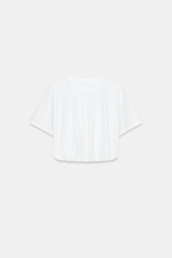 ZARA УКОРОЧЕННАЯ ФУТБОЛКА С ОБЪЕМНЫМ НИЗОМ, БЕЛЫЙ