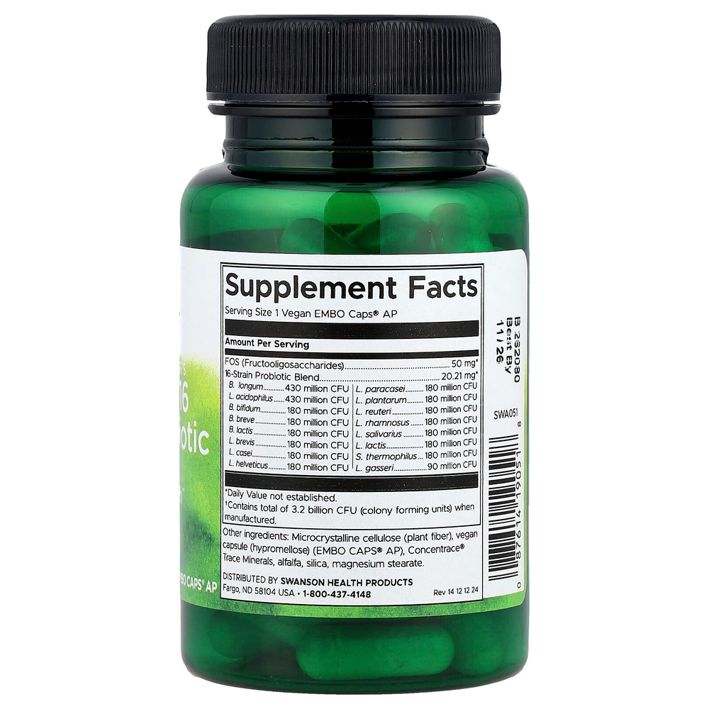 Swanson, Dr. Stephen Langer's Ultimate 16 Strain Probiotic with FOS, 16 штаммов пробиотиков с ФОС, 60 веганских капсул EMBO Caps® AP