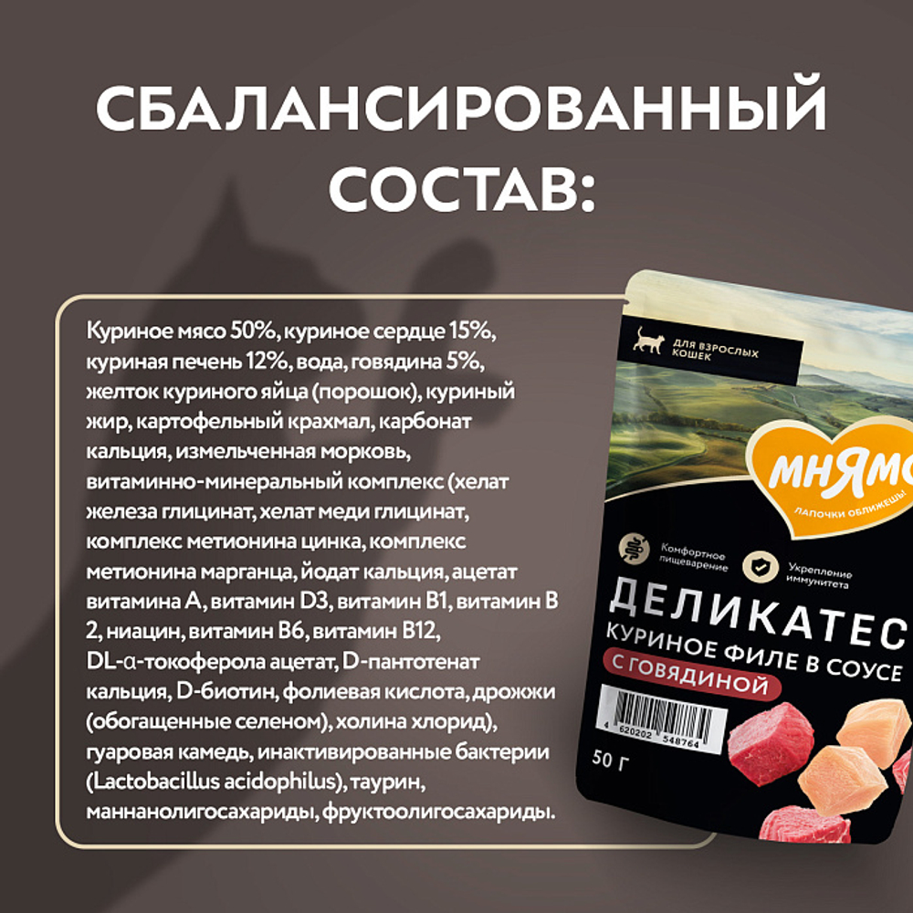 Влажный корм для кошек Деликатес куриное филе с говядиной в соусе Мнямс 50 г 20 шт