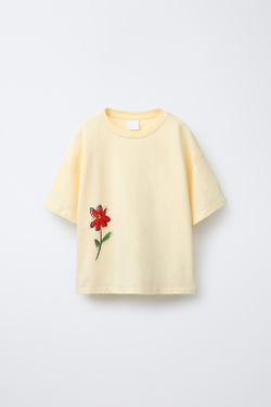 ZARA ФУТБОЛКА С ЦВЕТОЧНЫМ ПРИНТОМ И НАДПИСЬЮ, ЖЕЛТЫЙ