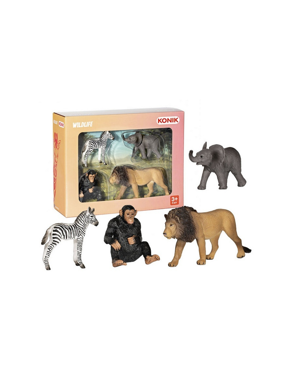 Фигурка KONIK набор диких животных: лев, шимпанзе, слоненок, зебра