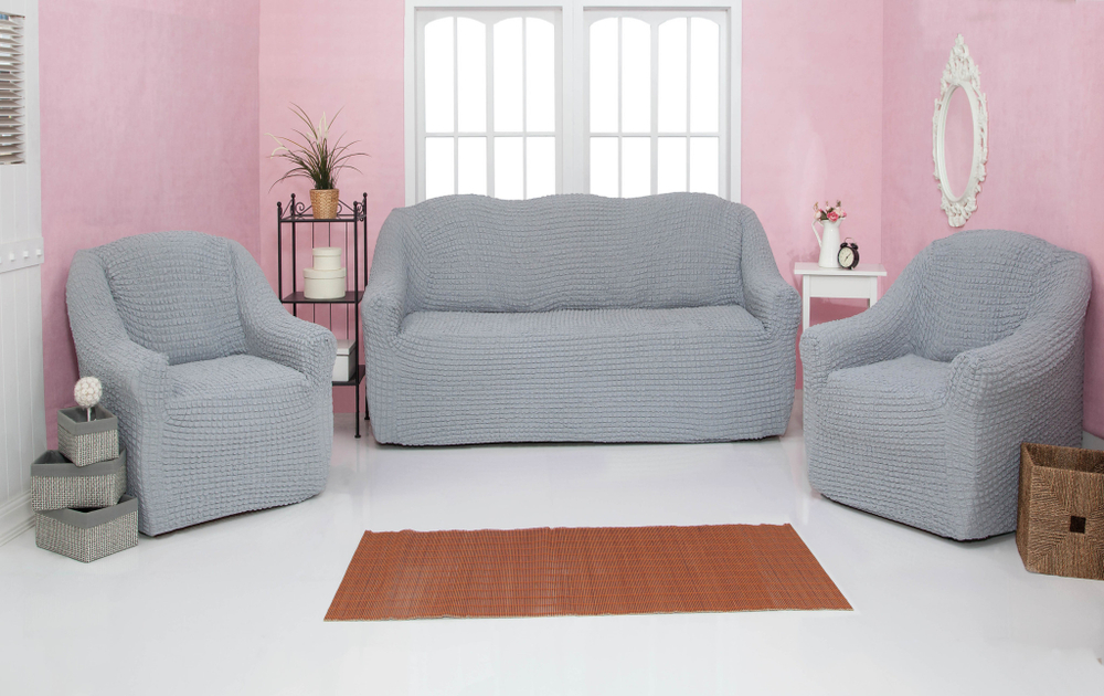 Комплект чехлов на диван и 2 кресла без оборки, цвет Серый