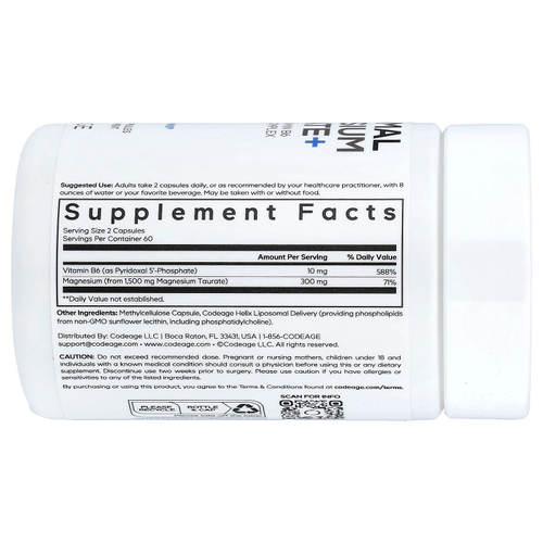 Codeage, липосомальный таурат магния+, 120 растительных капсул