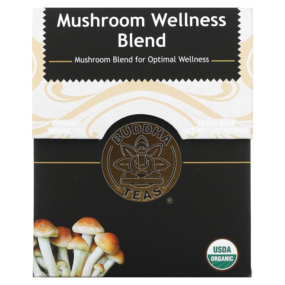 Buddha Teas, Organic Herbal Tea, оздоровительная смесь с грибами, без кофеина, 18 чайных пакетиков, 36 г (1,27 унции)