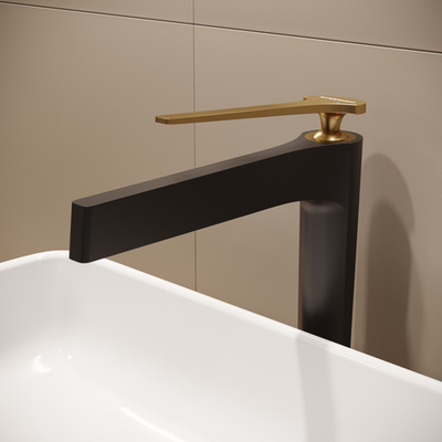 Смеситель для раковины STWORKI Аулум S06020BG матовый черный, матовое золото + донный клапан SD-001GM матовое золото