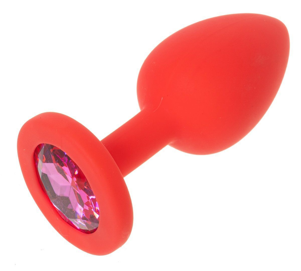 Красная силиконовая анальная пробка с лиловым кристаллом - 7,3 см. (Цвет: лиловый)