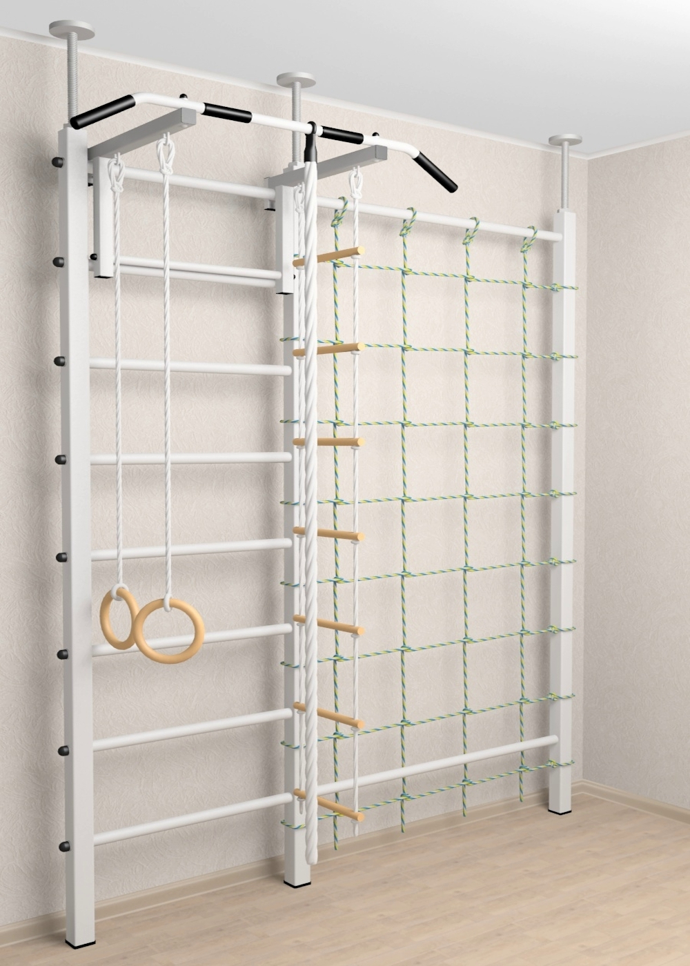 Шведская стенка Sv Sport враспор (Турник стандарт/Канат/Kольца/Лестница/Канатный лаз/Сетка)