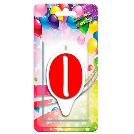 Свеча Цифра, 0 Белая окантовка, Красный, 9 см