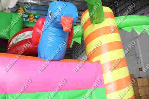 Детский надувной батут-горка "Слоник в джунглях" с окнами по бокам и птичками, 7*5*6 м