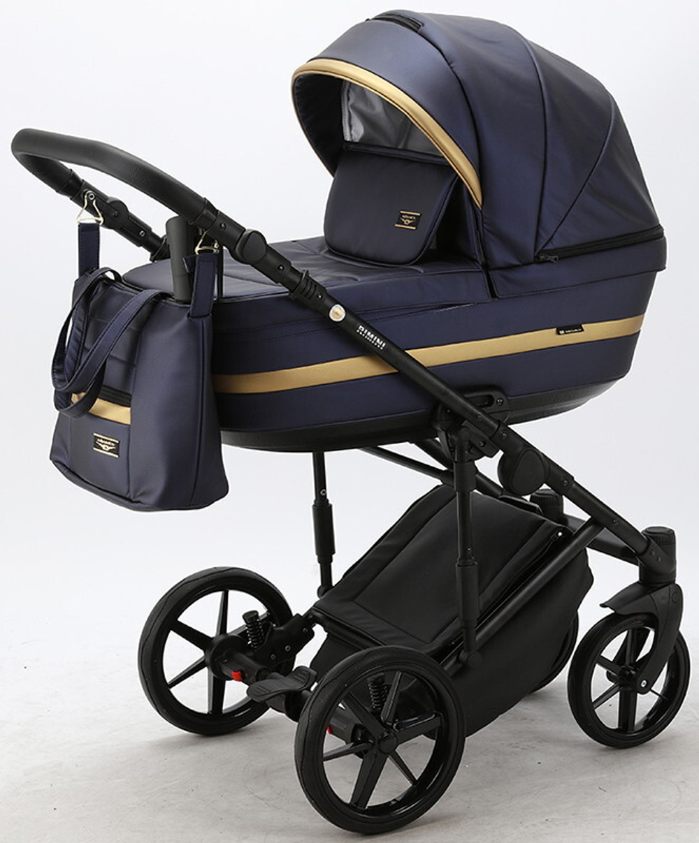 Детская коляска Adamex Rimini Deluxe 2 в 1 RI250 Т.СИН.ПЕРЛ.КОЖА+ЗОЛОТО.ОТДЕЛКА