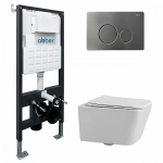 Унитаз подвесной Abber Rechteck AC1201-AC0105-AC0121NG белый, безободковый, с инсталляцией, с крышкой микролифт, с кнопкой никель