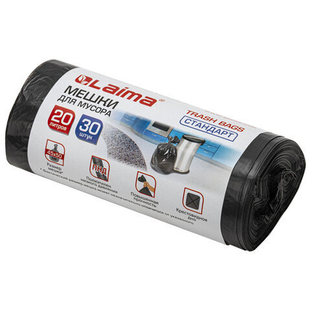 Мешки для мусора 20 л, черные, в рулоне 30 шт., ПНД 8 мкм, 45×50 см, LAIMA стандарт, 8 упаковок.