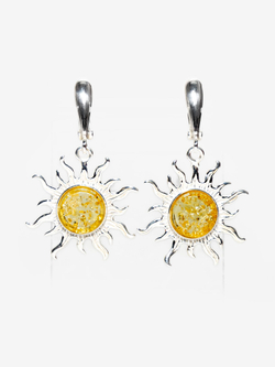 Серебряные серьги с цельным янтарем "Солнце", серебро 925 пробы