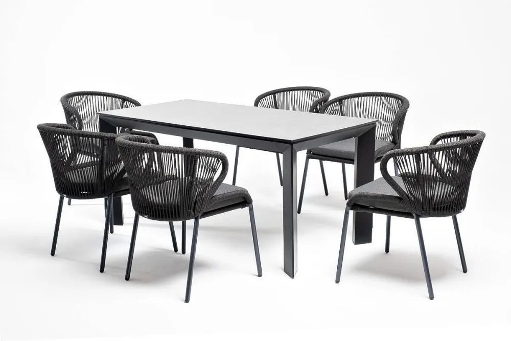 "Венето" обеденная группа на 6 персон со стульями "Милан", каркас темно-серый, роуп темно-серый