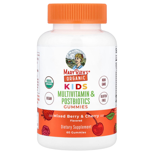 MaryRuth's, Organic, для детей, мультивитамины и жевательные таблетки от постбиотиков, смесь ягод и вишни, 60 жевательных таблеток