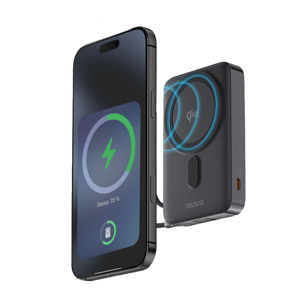 Внешний аккумулятор MagSafe с подставкой и встроенным кабелем Deppa NRG (Qi2) (10000 мА·ч) Беспроводная зарядка: Qi 15 Вт. Проводная зарядка: USB-C, встроенный кабель USB-C. Сертификация Qi2. Есть дисплей и поддержка PD. Энергоёмкость — 38,5 Вт·ч. Максима