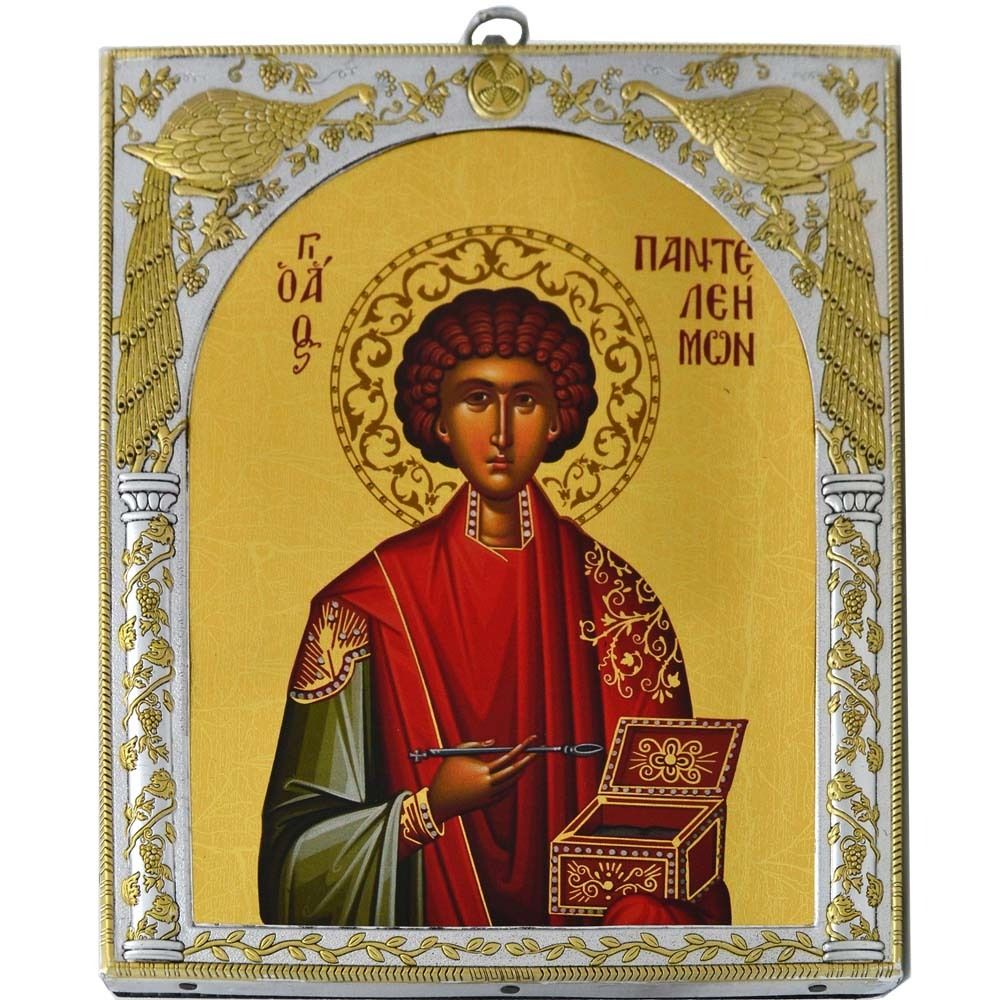 Икона Пантелеймона Целителя в античной серебряной ризе.