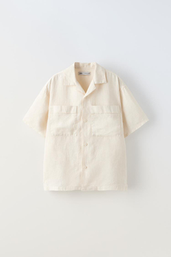 ZARA ЛЬНЯНАЯ РУБАШКА С КАРМАНАМИ, ЭКРЮ