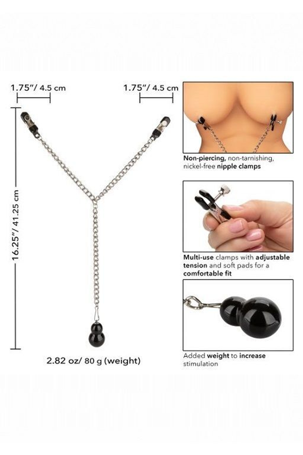Зажимы для сосков с серебристой цепочкой и утяжелителем Weighted Dual Tier Nipple Clamps (Цвет: серебристый с черным)