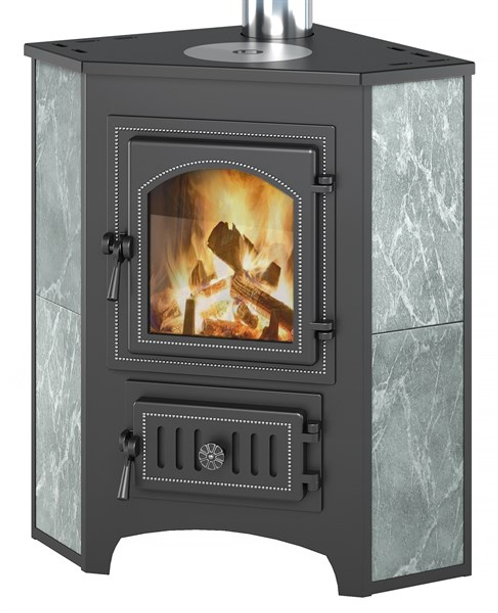 Печь-Камин ВЕЗУВИЙ ПК-01 (220) угловой талькохлорит с конфоркой 9 кВт (150 м3) Ø 115мм