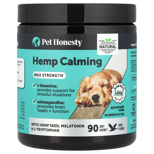 Pet Honesty, Успокаивающая конопля, максимальная сила, для собак, утка, 90 жевательных таблеток, 270 г (9,5 унции)