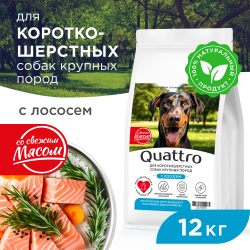 Корм сухой для взрослых собак крупных пород, премиум полнорационный комплекс, для короткошерстных собак, с лососем, 12 кг, QUATTRO