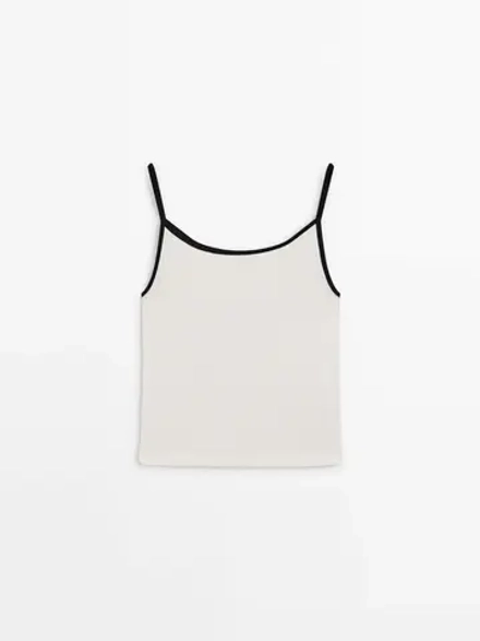 Massimo Dutti Хлопковый топ на бретелях с контрастной окантовкой, натуральный, кремовый