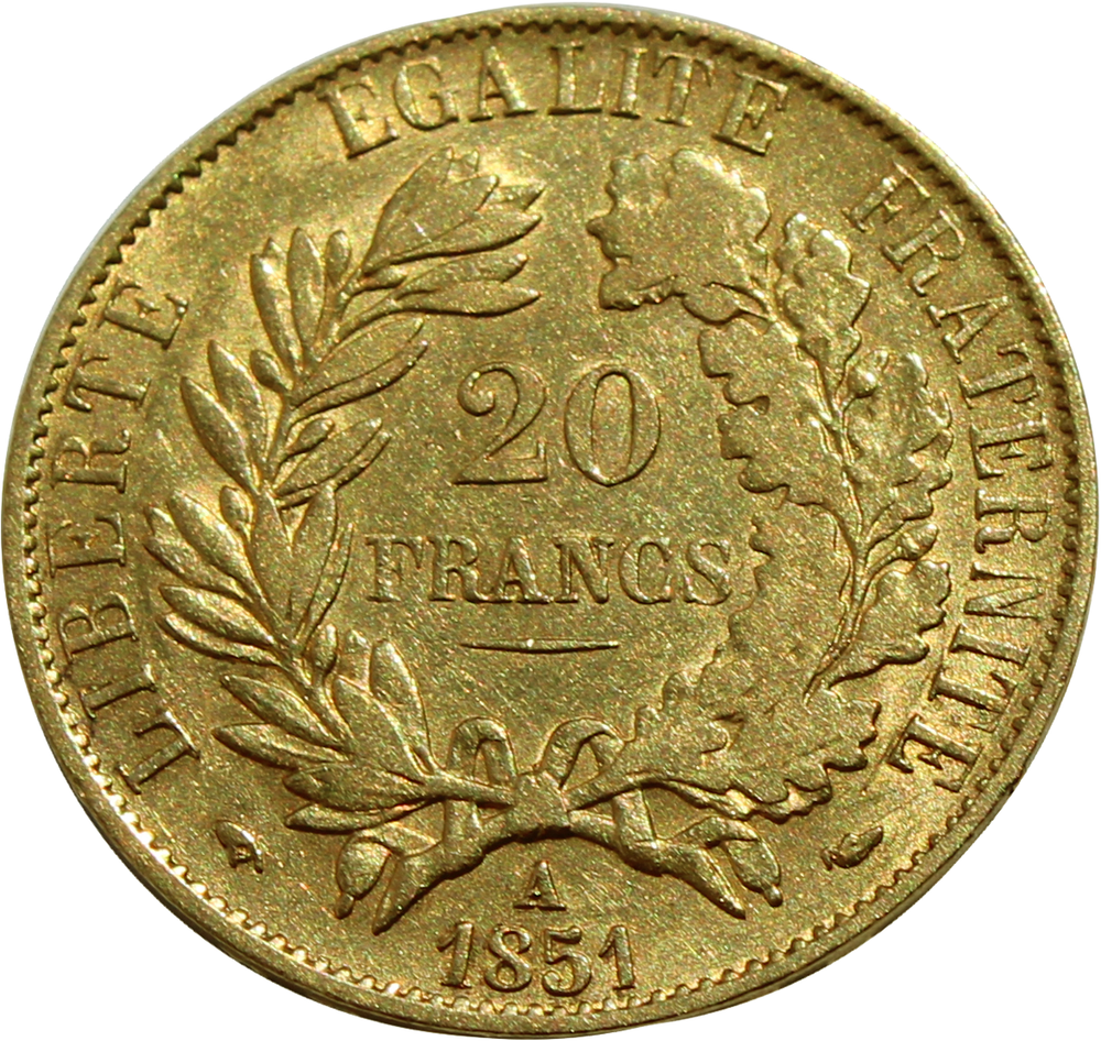 20 франков 1851 год. Франция. 2-я республика. Золото XF