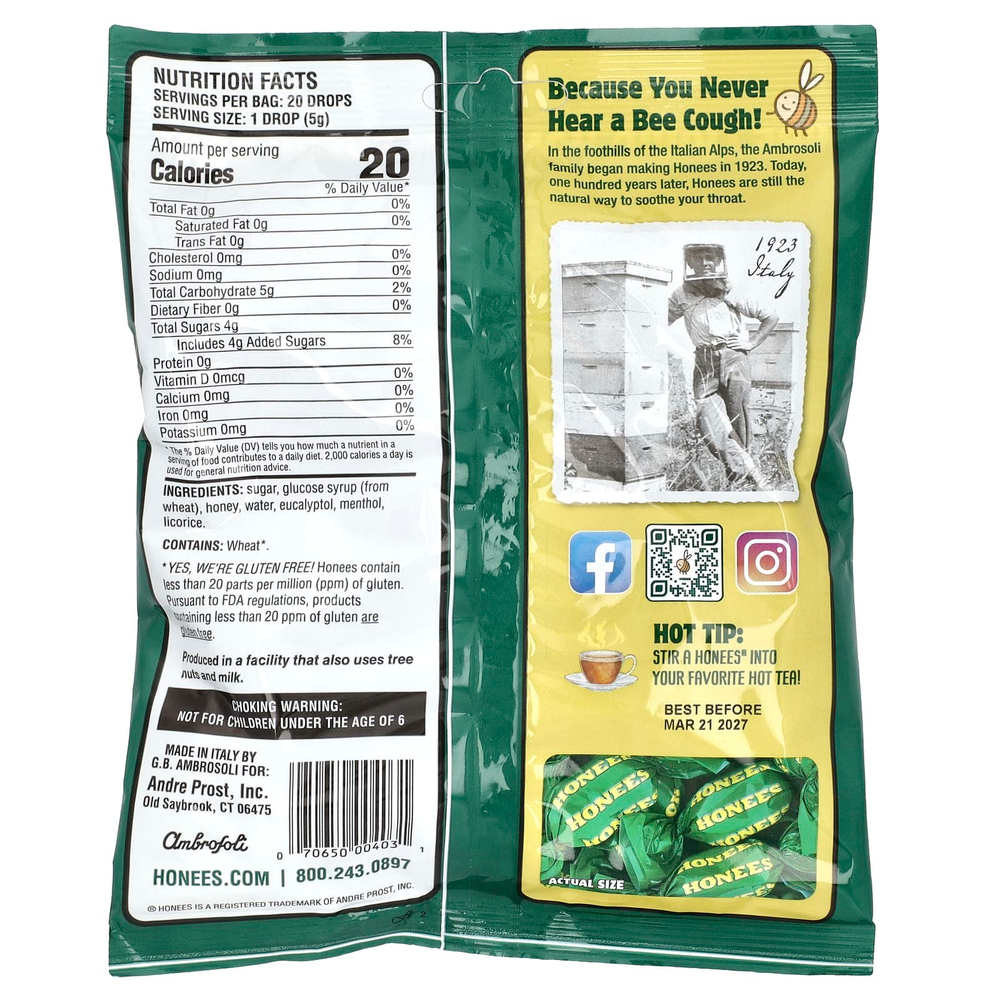 Honees, успокаивающие леденцы для горла, с мёдом, ментолом и эвкалиптом, 20 шт., 100 г (3,5 унции)