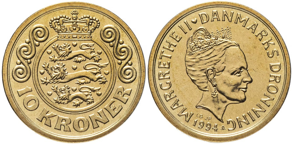 Дания 10 крон, 1994-1999 Королева Маргрете II XF