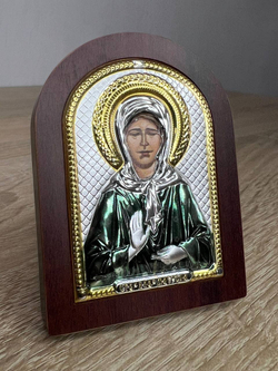 Матрона, икона арочная, красное дерево, эмаль  57х75