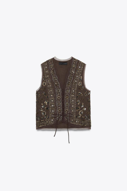 ZARA ЖИЛЕТ С ВЫШИВКОЙ И БУСИНАМИ — ZW COLLECTION, ШОКОЛАДНО-КОРИЧНЕВЫЙ