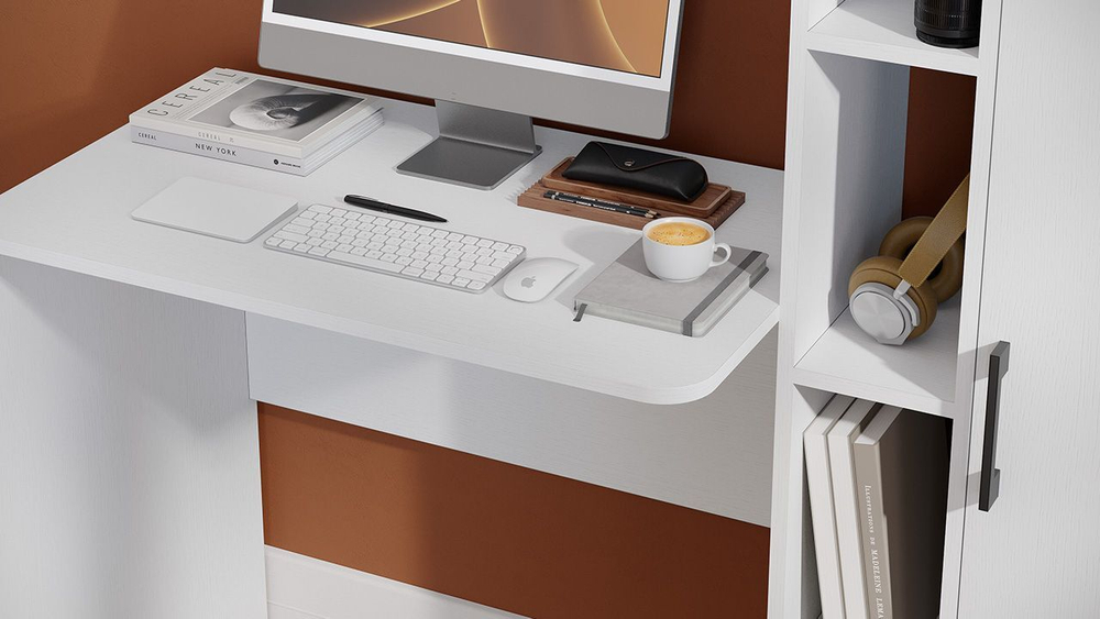 Стол письменный с полками и шкафом Белый Ясень 133,4х50х135 см