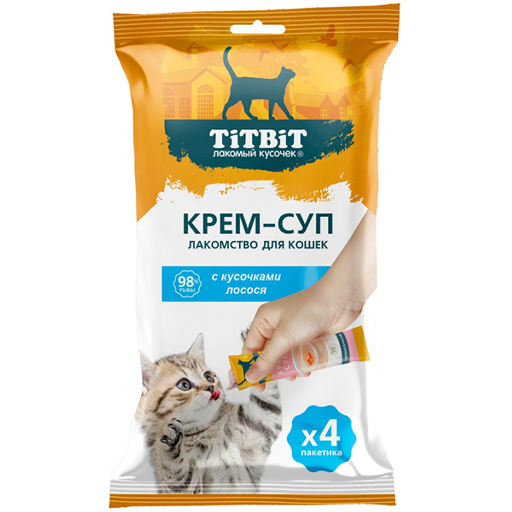 Лакомство для кошек крем-суп с кусочками Лосося 4шт ТитБит