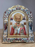 Николай Чудотворец, икона арочная с рамкой, красное дерево, эмаль 206х270