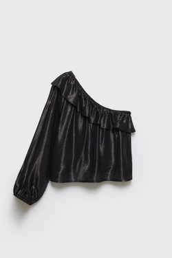 ZARA АСИММЕТРИЧНЫЙ ТОП С ОБОРКАМИ, ЧЕРНОЕ ЗОЛОТО