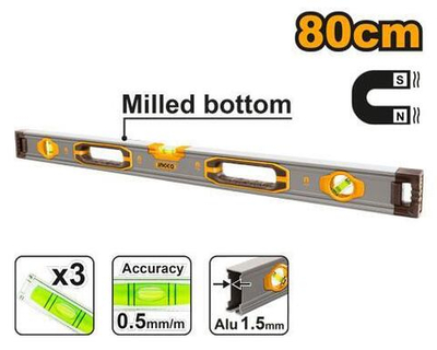 Алюминиевый магнитный строительный уровень 800 мм INGCO HSL38080M INDUSTRIAL