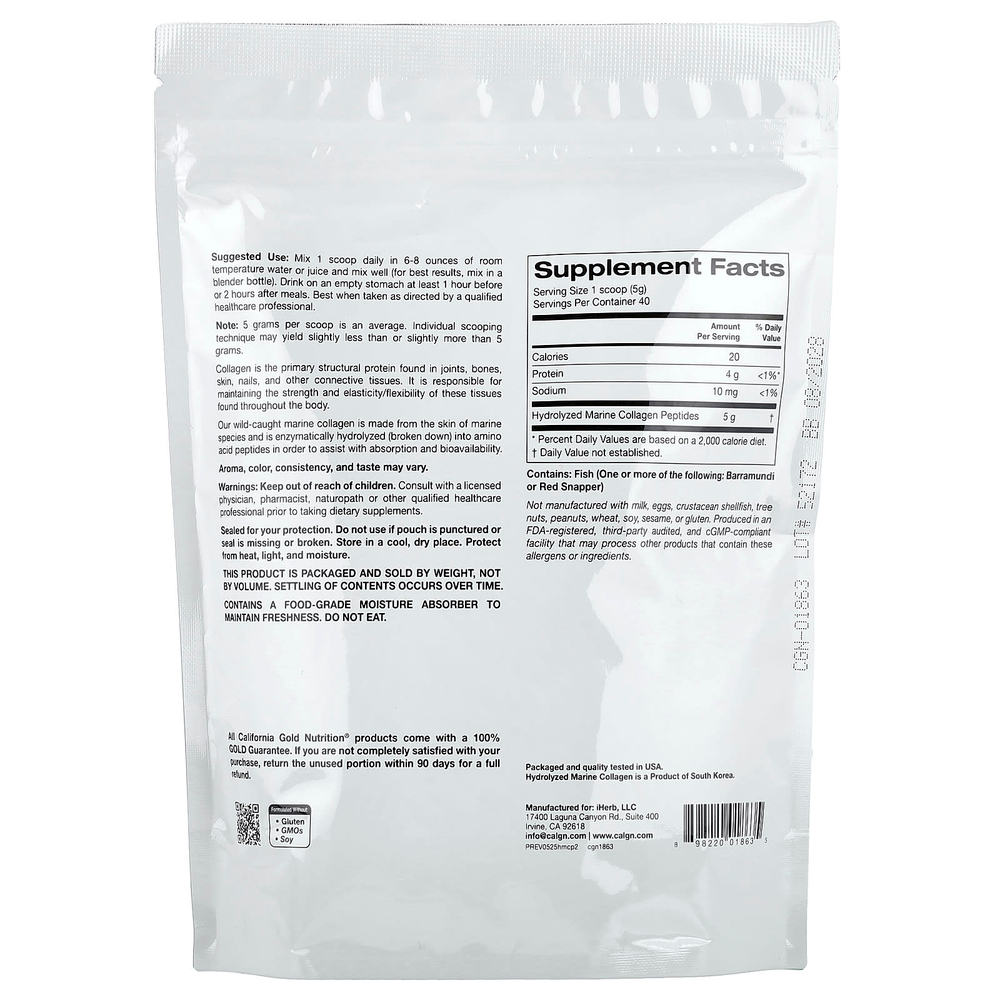 California Gold Nutrition, гидролизованные пептиды морского коллагена, без добавок, 200 г (7,05 унции)