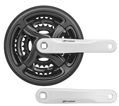 Система шатунов TY-CN99 Prowheel, звёзды на 28/38/48 зубьев стальные черные, шатуны A006N 170 мм алюминиевые кованые серебристые, квадратное посадочное место "под квадрат", паук пластиковый ПВХ, защита цепи пластиковая ПВХ, линия цепи 48,5 мм (для оси 126 мм)