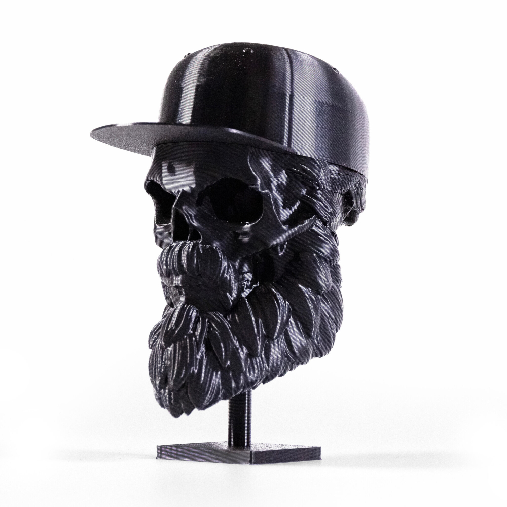 Бородатый череп в кепке, фигурка для декора интерьера, арт-объект, коллекционный предмет, 3D печать, черный 16 см.