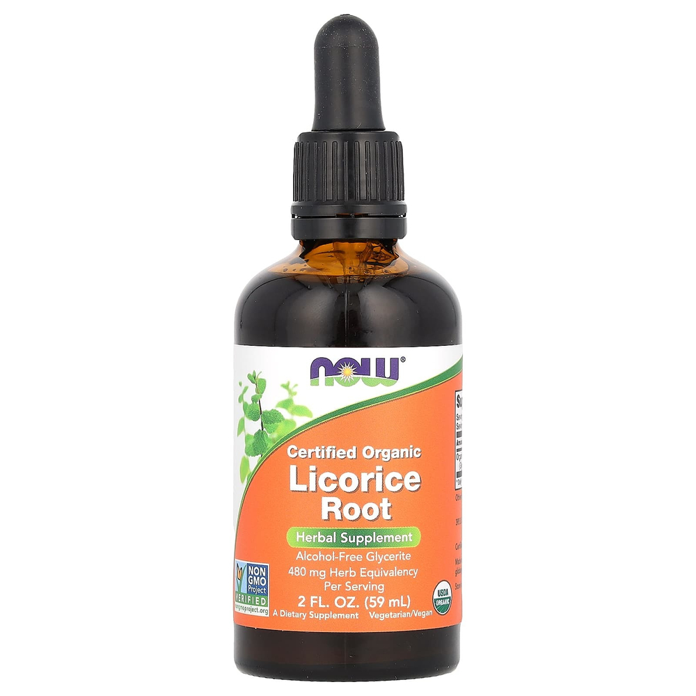 NOW Foods, Сертифицированный органический корень солодки, 480 мг, 59 мл (2 жидк. Унции)