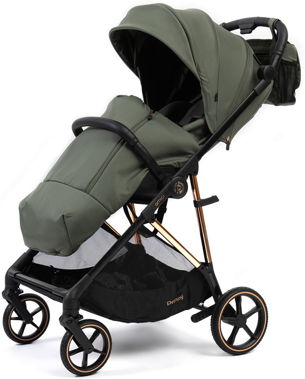 Прогулочная коляска Peppy Amici с автокреслом First Black Green рама Gold