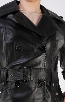 Тренч длинный кожаный с поясом плащ