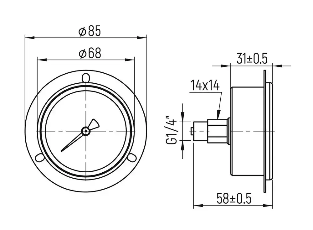Манометр гидравлический на 10 бар (150 psi), 63 мм, G 1/4" фланцевый, виброустойчивый - глицериновый