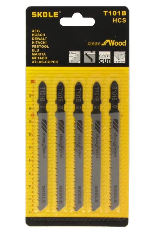 Пилка для лобзика 5шт по дереву T101B 100*75мм чистый ровный распил Skole